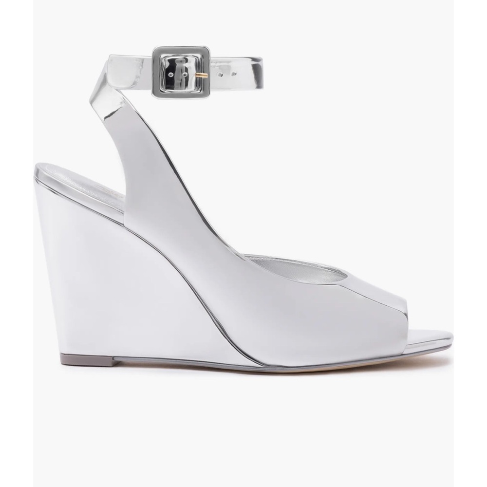 Larroude Metallic Silver Peep-Toe Heels